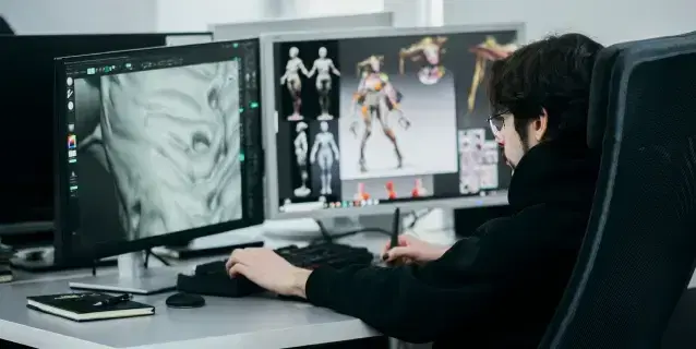 3D артист Mighty Koi сидит за столом и работает над заданием