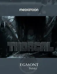 Artwork from the game "Thorgal"- a snake emerging from stormy sea, with logos of Egmont and MediaToon publishers