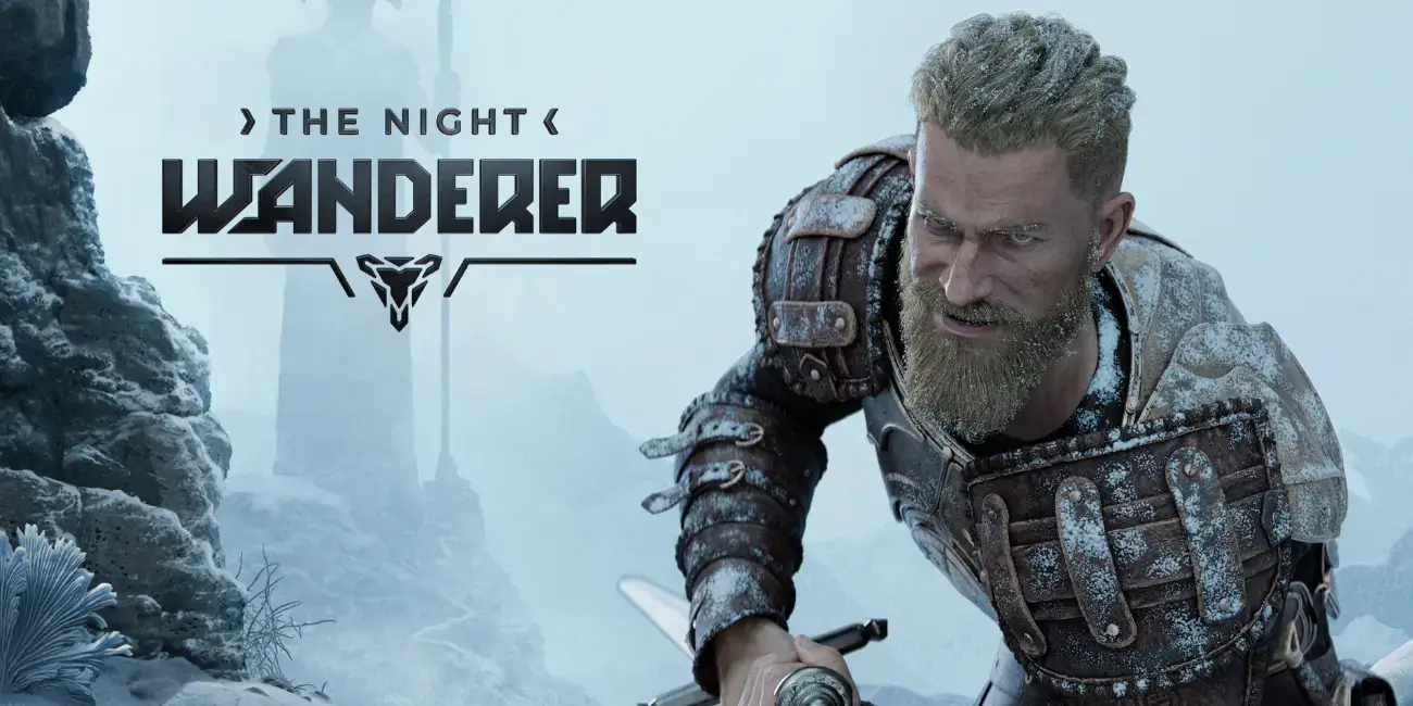 A man in armor with a sword, main hero of "The Night Wanderer" game, across the icy landscape
