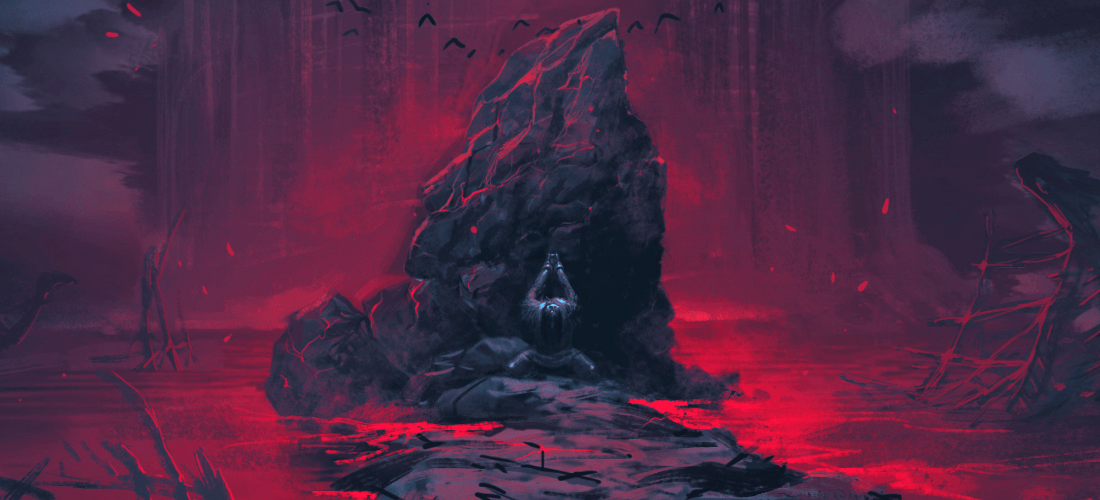 Concept art z gry Thorgal - główny bohater przykuty do skały w ciemnej jaskini, otoczony czerwonym strumieniem