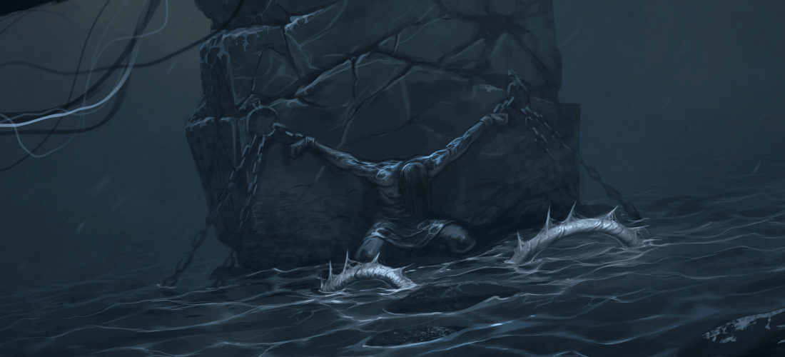 Concept art for Thorgal game - main hero chained to a stone pillar, submerged in water, surrounded by snake and raven 