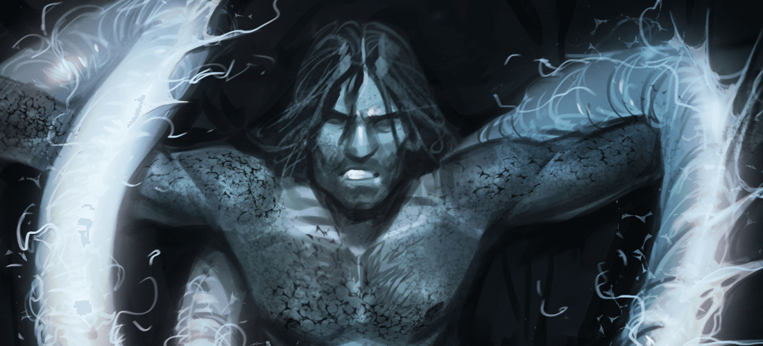 Концепт-арт для игры Thorgal - главный герой прикован к стене, вокруг его тела обвивается светящаяся змея