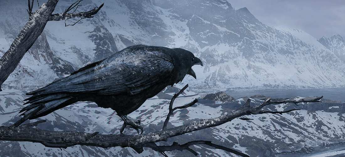 Concept art for Thorgal game - a raven siting on the dry tree branch, overlooking an icy mountain pass and ocean