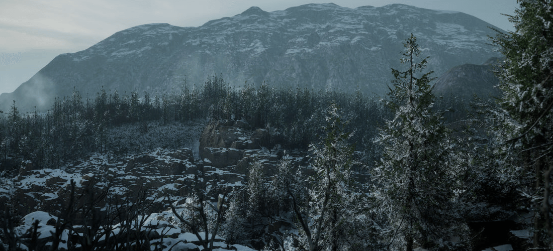 Concept art dla gry Thorgal - śnieżna góra otoczona przez gęsta puszczę