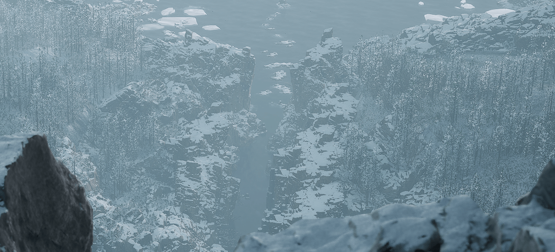 Concept art for dla gry Thorgal - śnieżna krawędź góry nad doliną