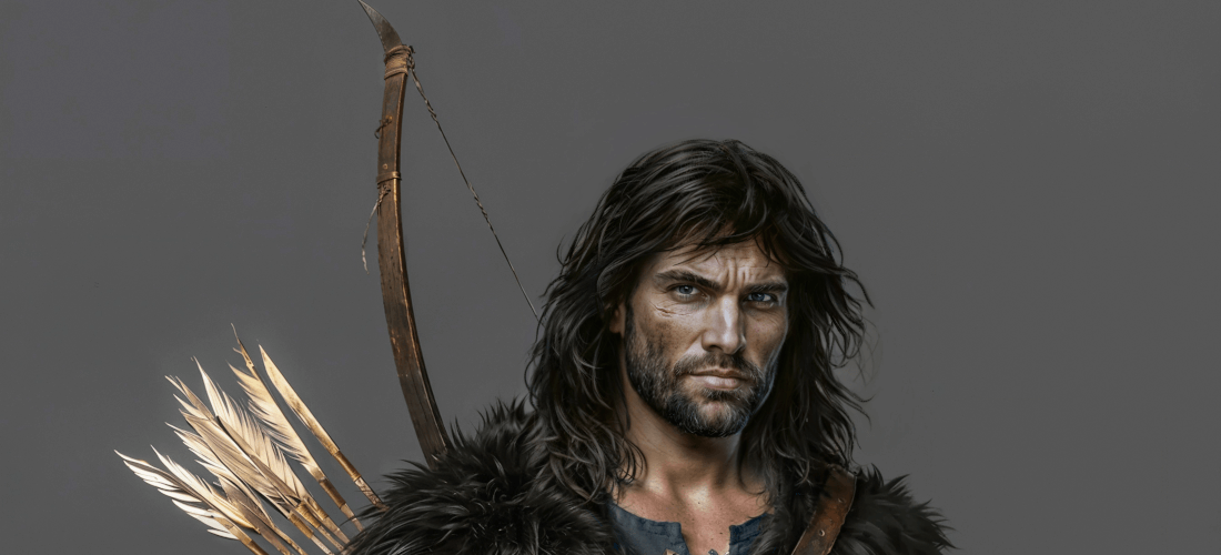 Concept art of Thorgal - a dark haired, bearded man in Viking clothing with bow and arrows on his back