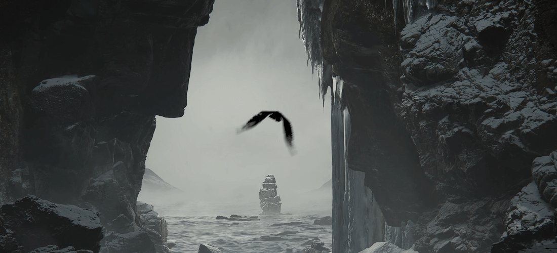 Concept art do gry Thorgal - kruk frunący nad ciemnym, wzburzonym morzem, przelatujący przez szczelinę w skałach