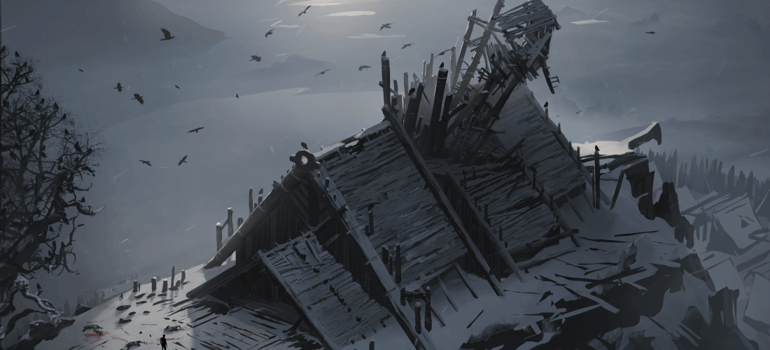 Концепт-арт игры "Ночной странник" - деревянный зал на вершине холма, выглядящий полуразрушенным