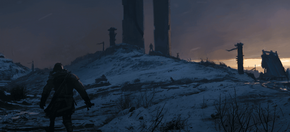 Концепт-арт для игры "Ночной странник" - два обелиска на заснеженном холме в окружении палаток