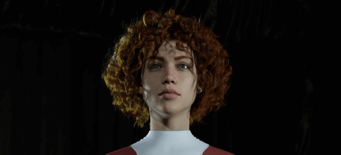Концепт-арт персонажа игры "Ночной странник" - Дейрдре, женщина с рыжими вьющимися волосами, одетая в облегающий скафандр
