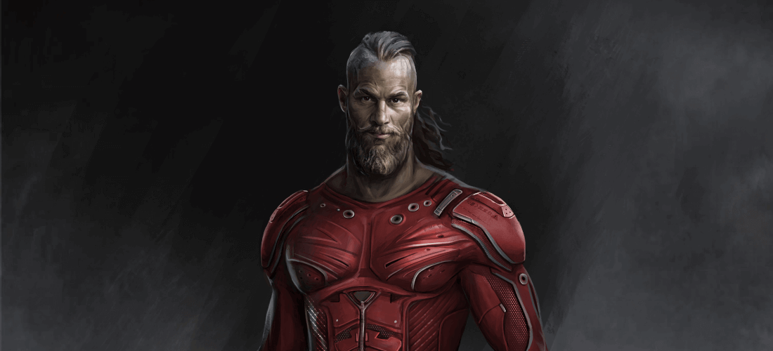 Concept art for "The Night Wanderer" game main character - Vuko Drakkainen, wearing a red spacesuit