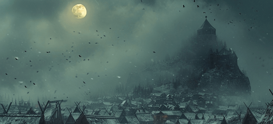 Концепт-арт игры "Ночной странник" - крепость с видом на северную деревню во время полнолуния